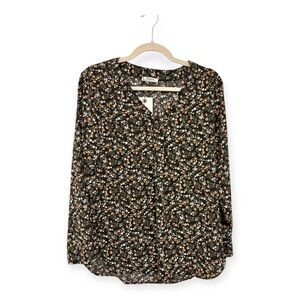 Black Pink Floral Blouse Flowy Romantic Feminine Office Top Boho Chic Medium NWT